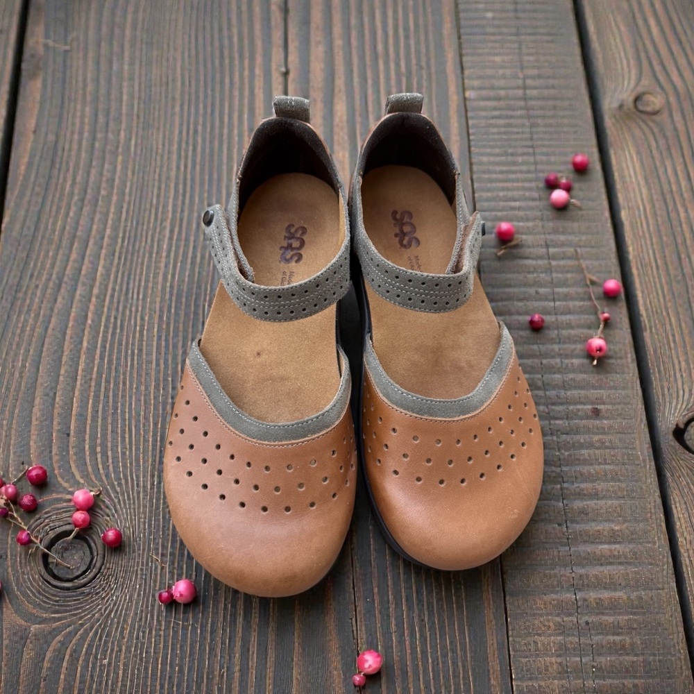 SAS Brown and Gray Leather Mary Jane Mules